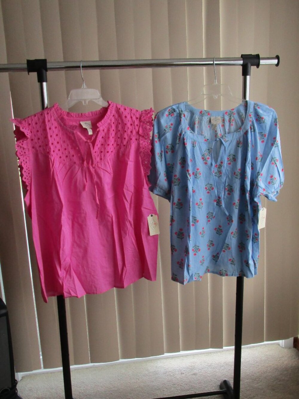2 QTY St Johns Bay cotton Tops woman 2X - blue/pink floral, pink eyelet